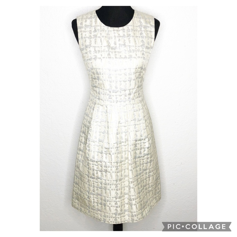 Lela Rose ivory silver metallic wool silk sleeveless fit flare dress size 6
